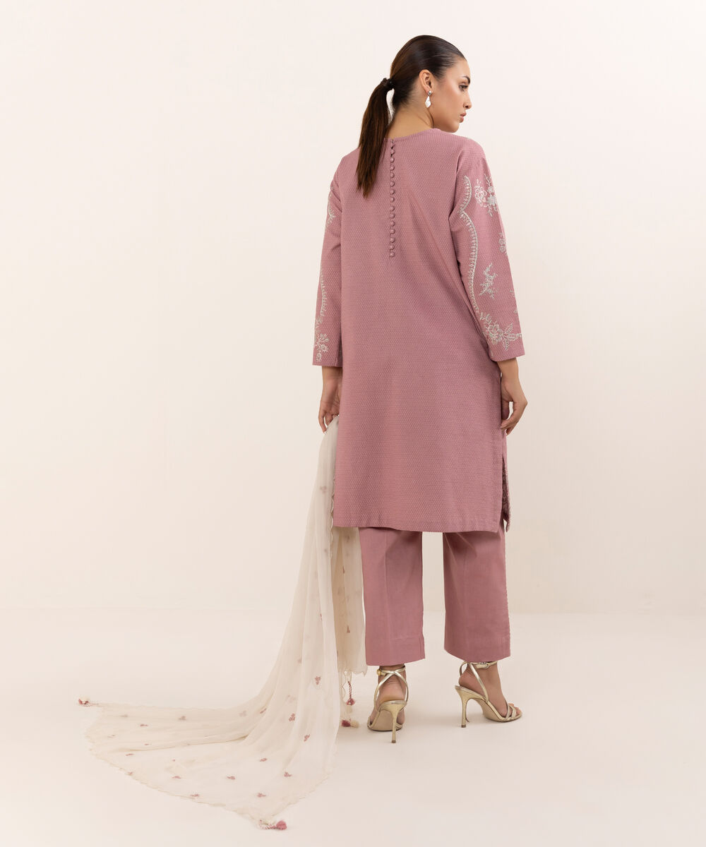 Women's Unstitched Dobby Embroidered Pink Three Piece Suit