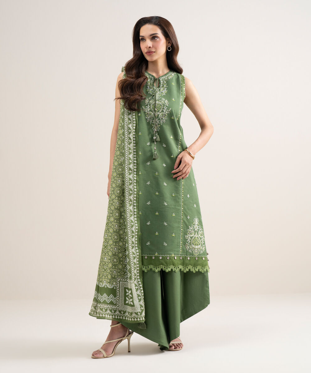 Women's Unstitched Lawn Embroidered Green 3 Piece Suit