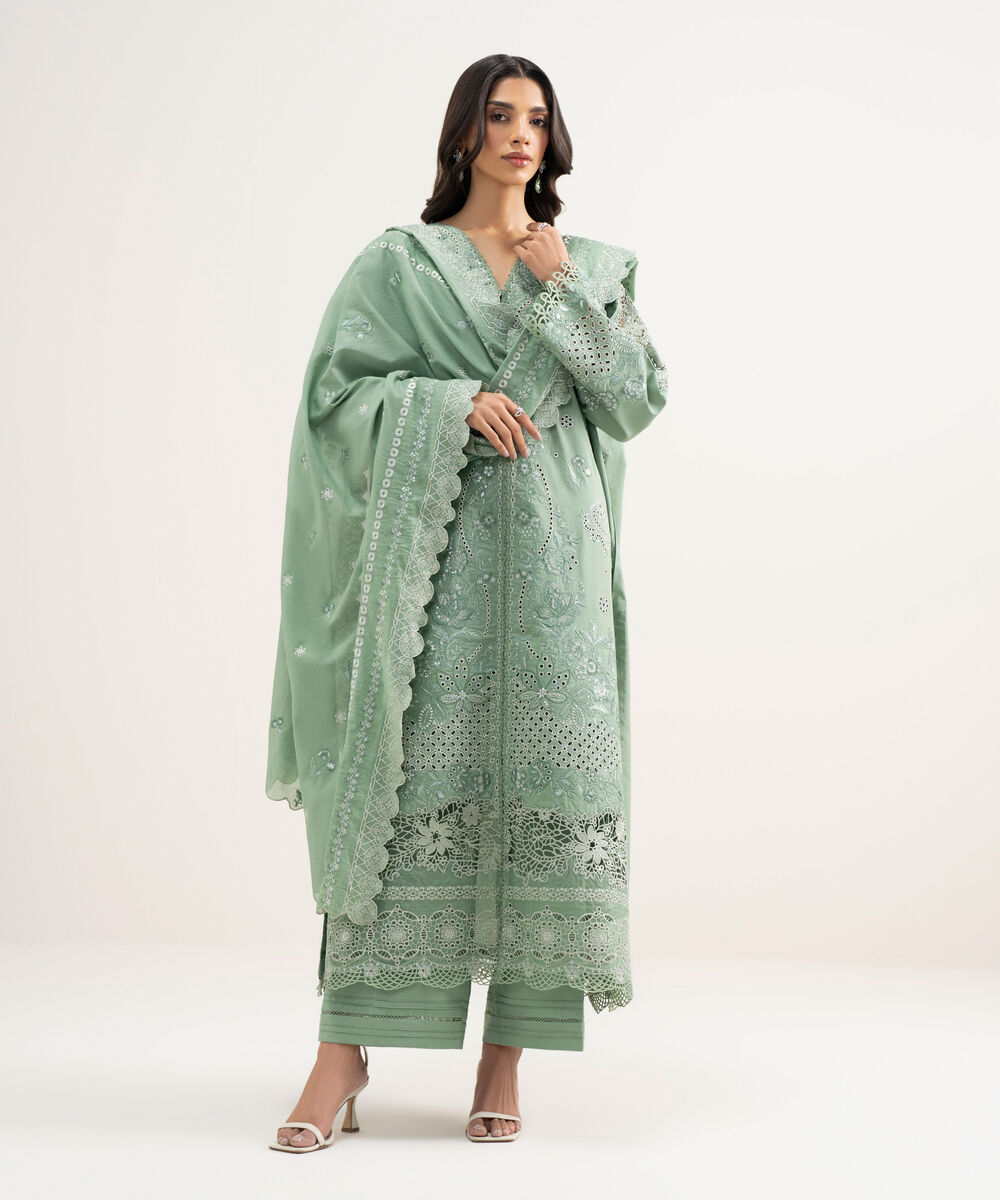 Women's Unstitched Lawn Embroidered Green 3 Piece Suit
