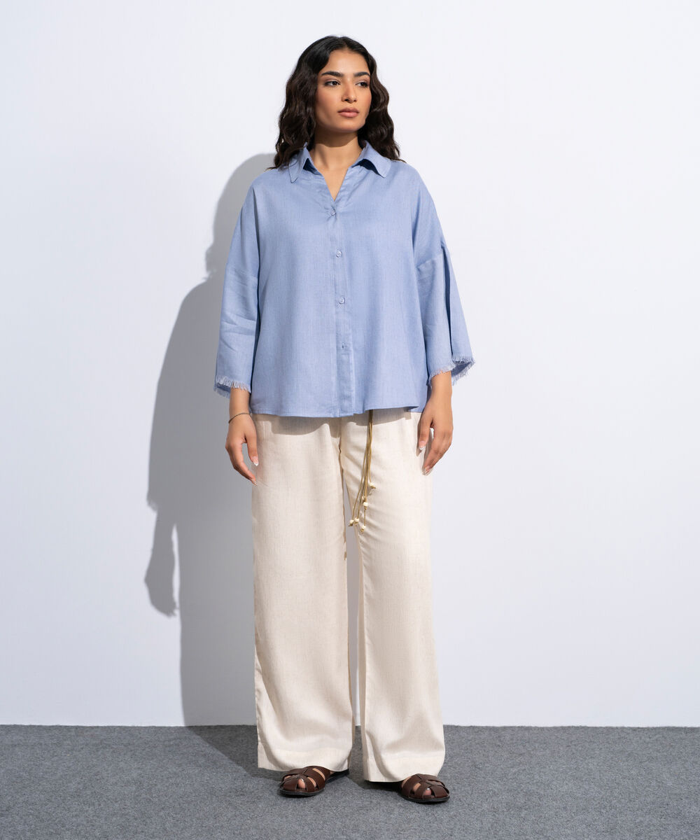 Women's Light Blue Linen Blend V-Neck Top