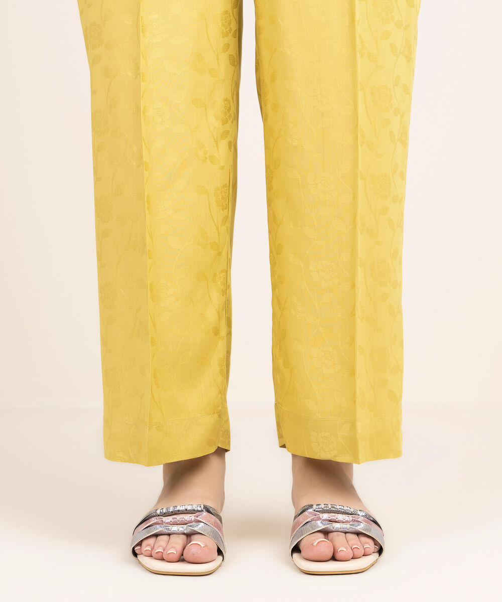 Women's RTW Arabic Self Jacquard Solid Yellow Straight Pants