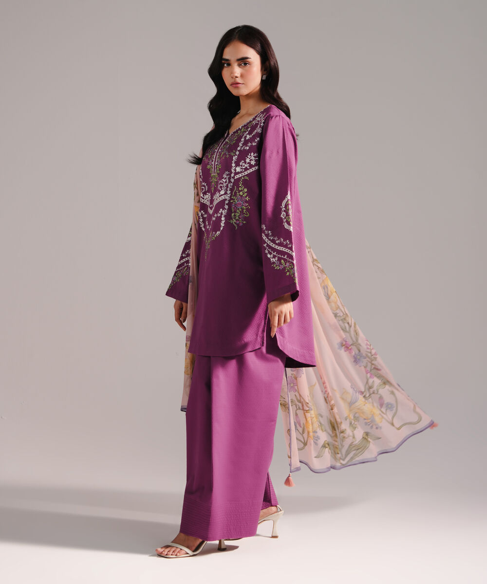 Women's RTW Dobby Embroidered Purple 3 Piece Suit