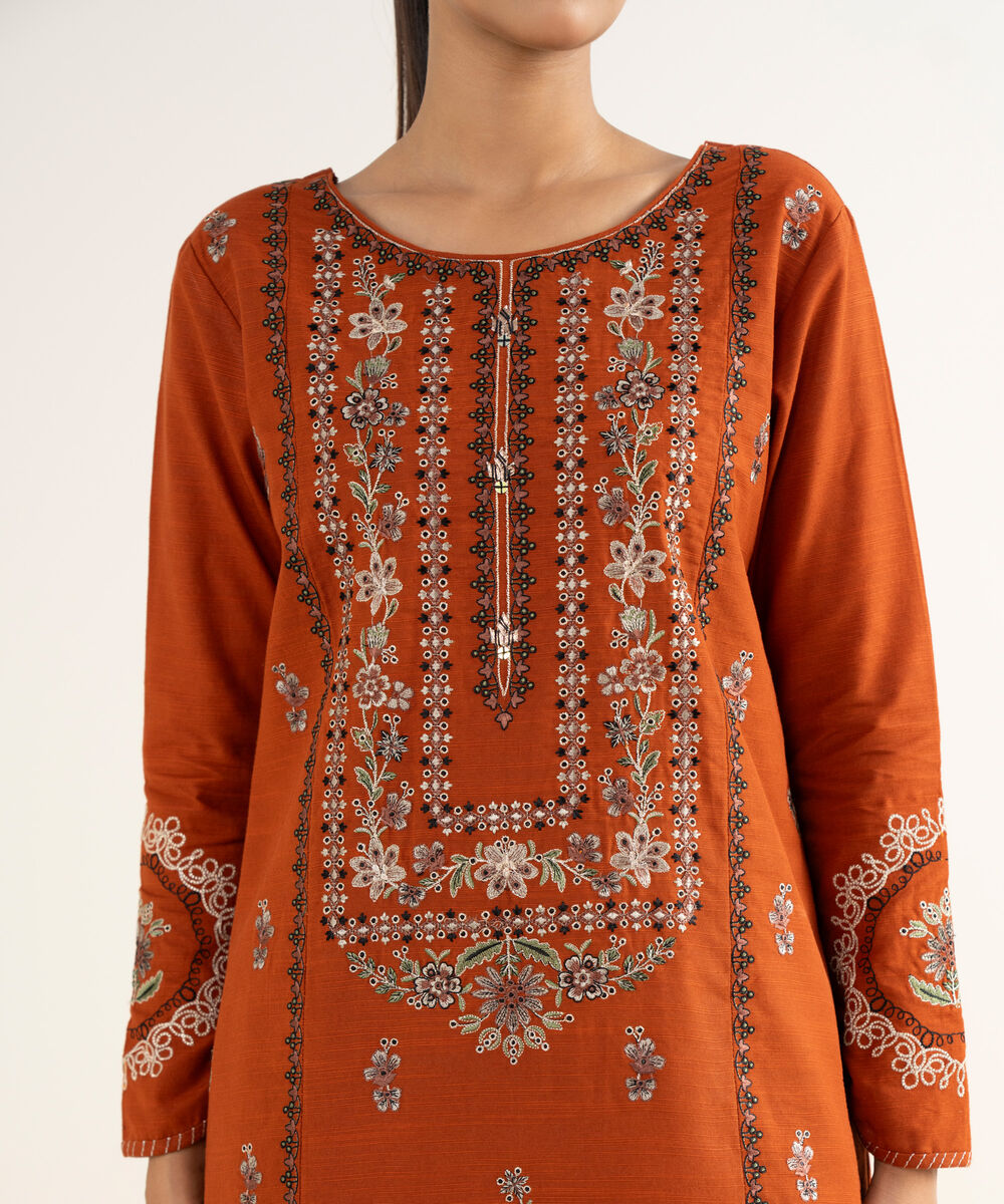 Women's Unstitched Textured Cotton Embroidered Orange 3 Piece Suit