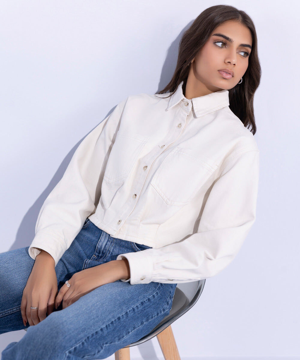 Woman - White Cropped Twill Jacket
