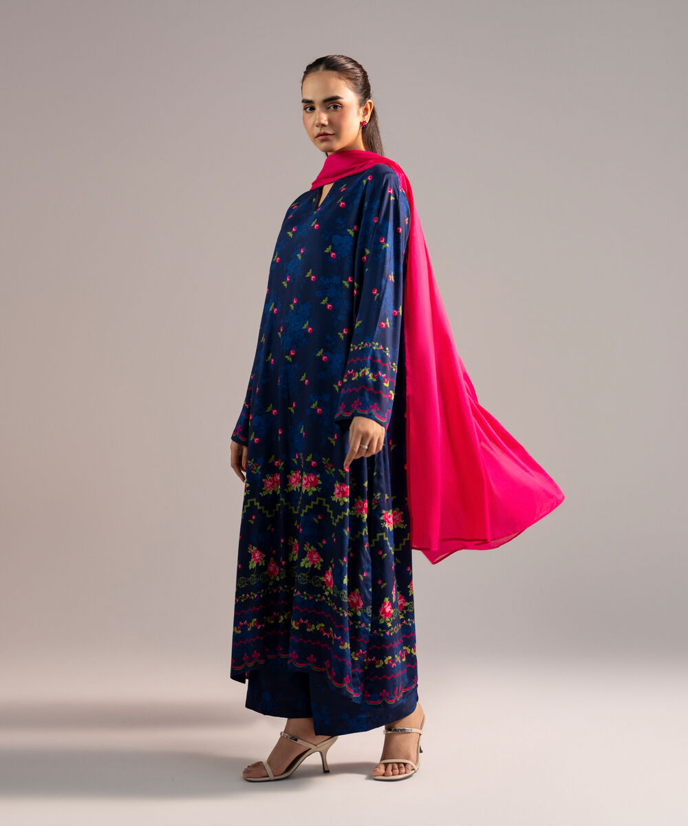 Women's RTW Arabic Lawn Solid Dark Blue 3 Piece Suit