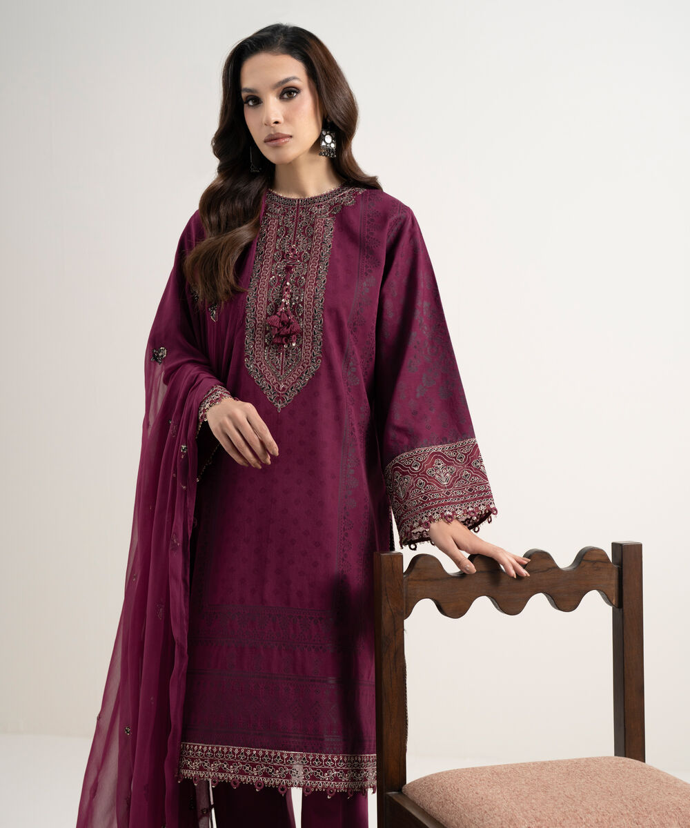 Women's Unstitched Extra Weft Jacquard Embroidered Pink 3 Piece Suit