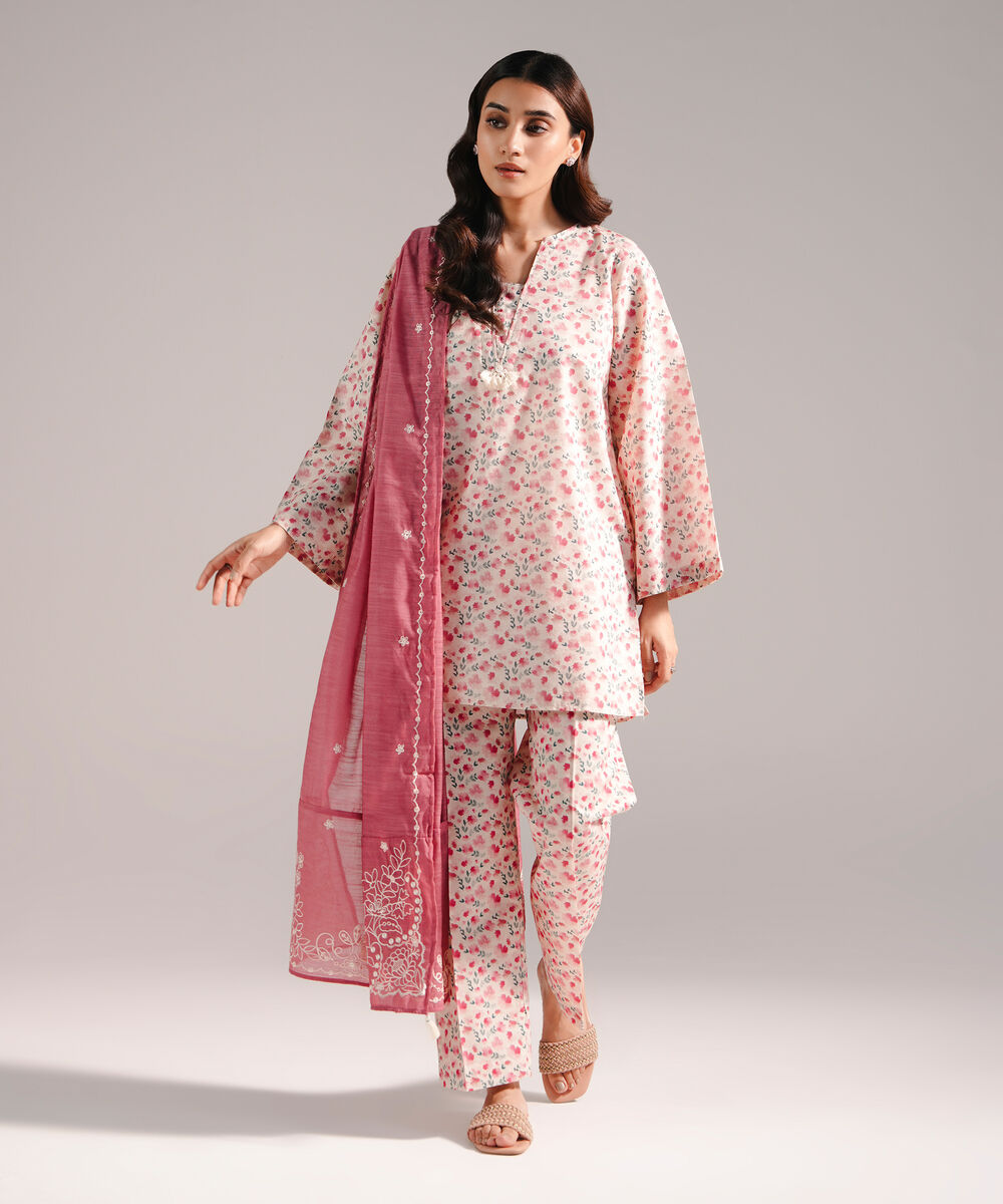 Women's RTW Zari Lawn Printed Off White 3 Piece Suit