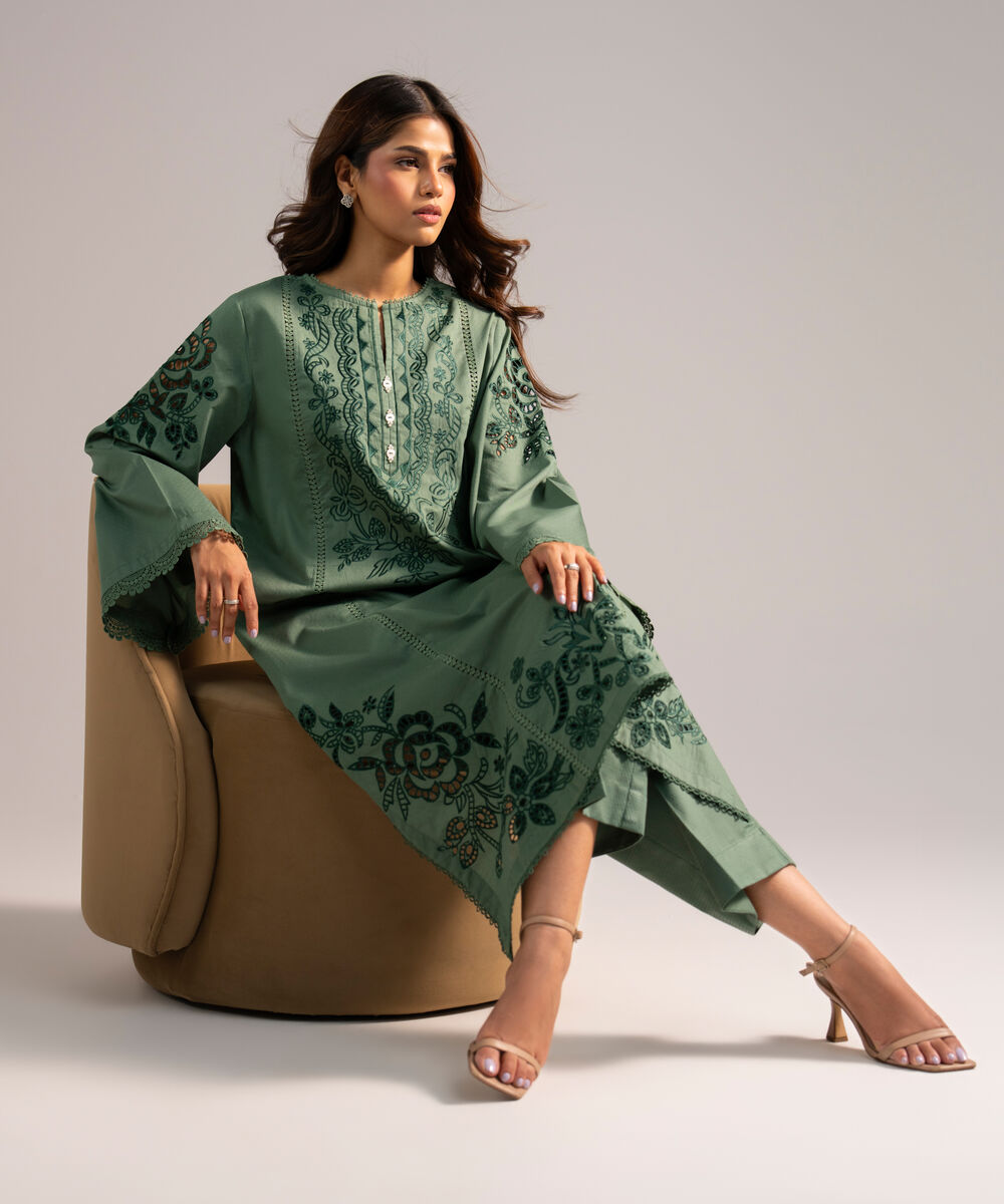 Women's RTW Dobby Embroidered Green 2 Piece Suit