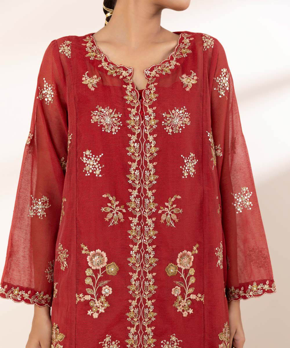 Women's RTW Blended Textured Karandi Red Embroidered Three Piece Suit