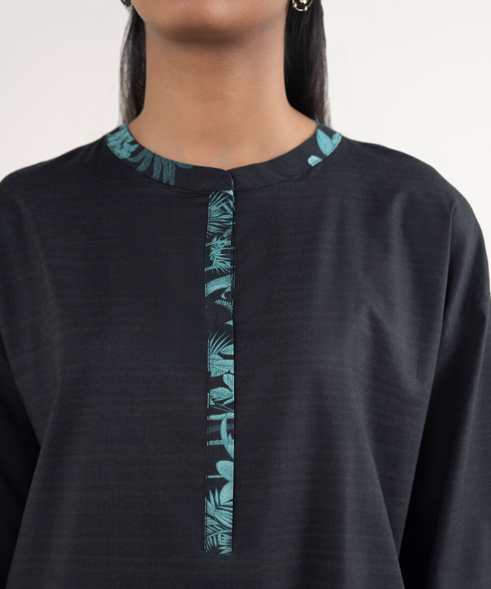 Women's RTW Lawn Printed Black Drop Shoulder Shirt