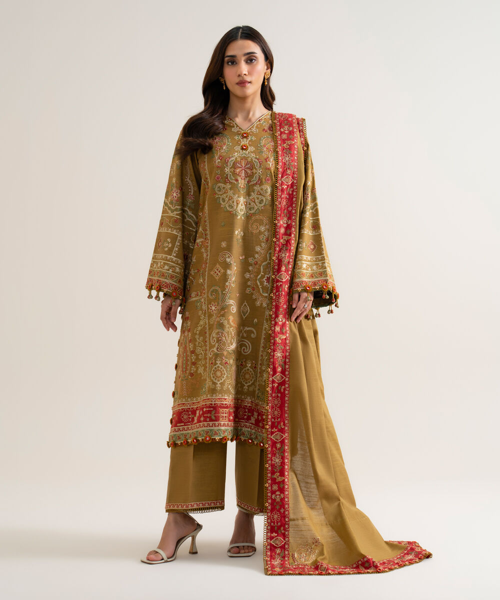 Womens Unstitched Basic Khaddar Embroidered Olive Green 3 Piece Suit