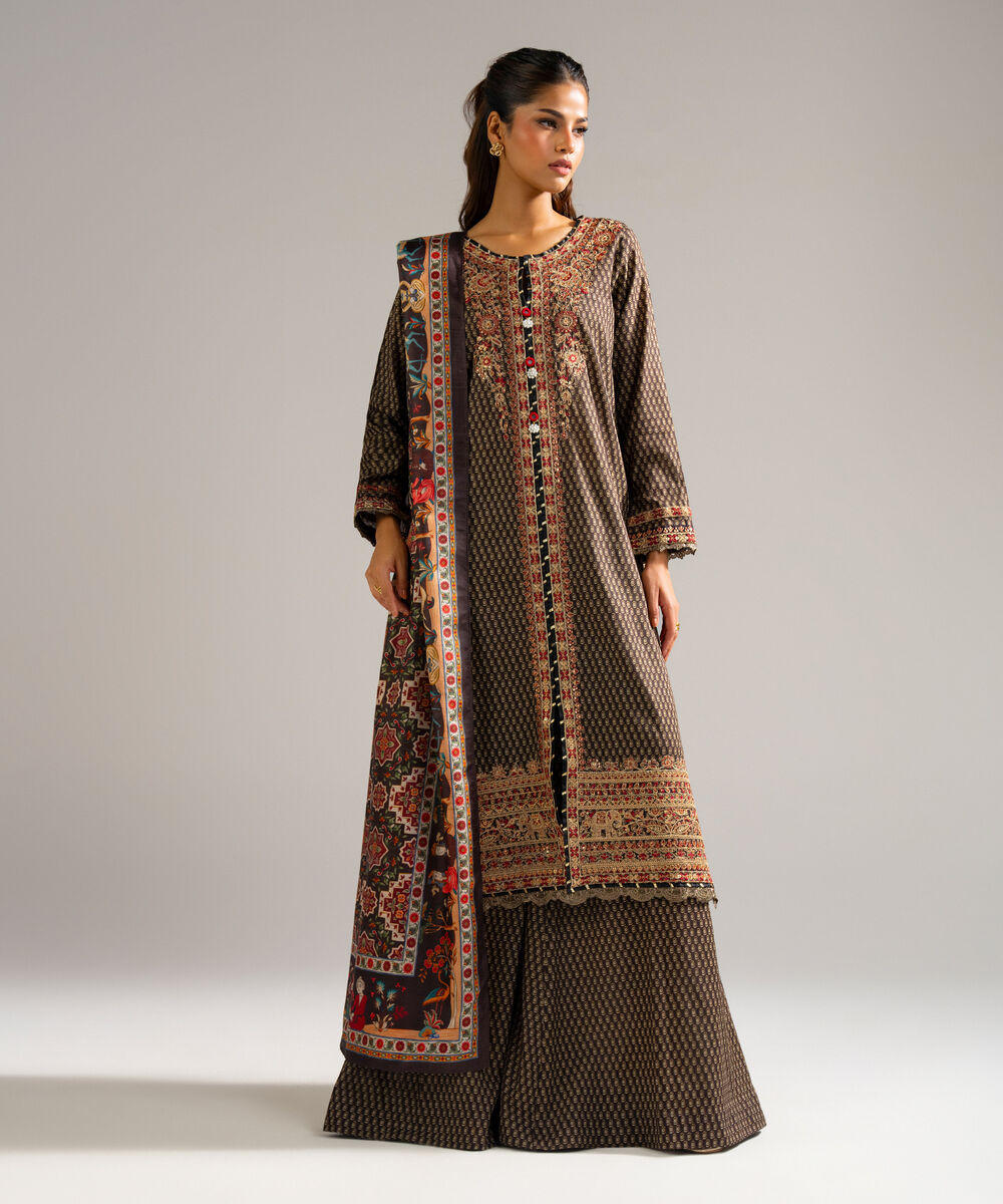 Women's RTW Dobby Embroidered Brown 3 Piece Suit