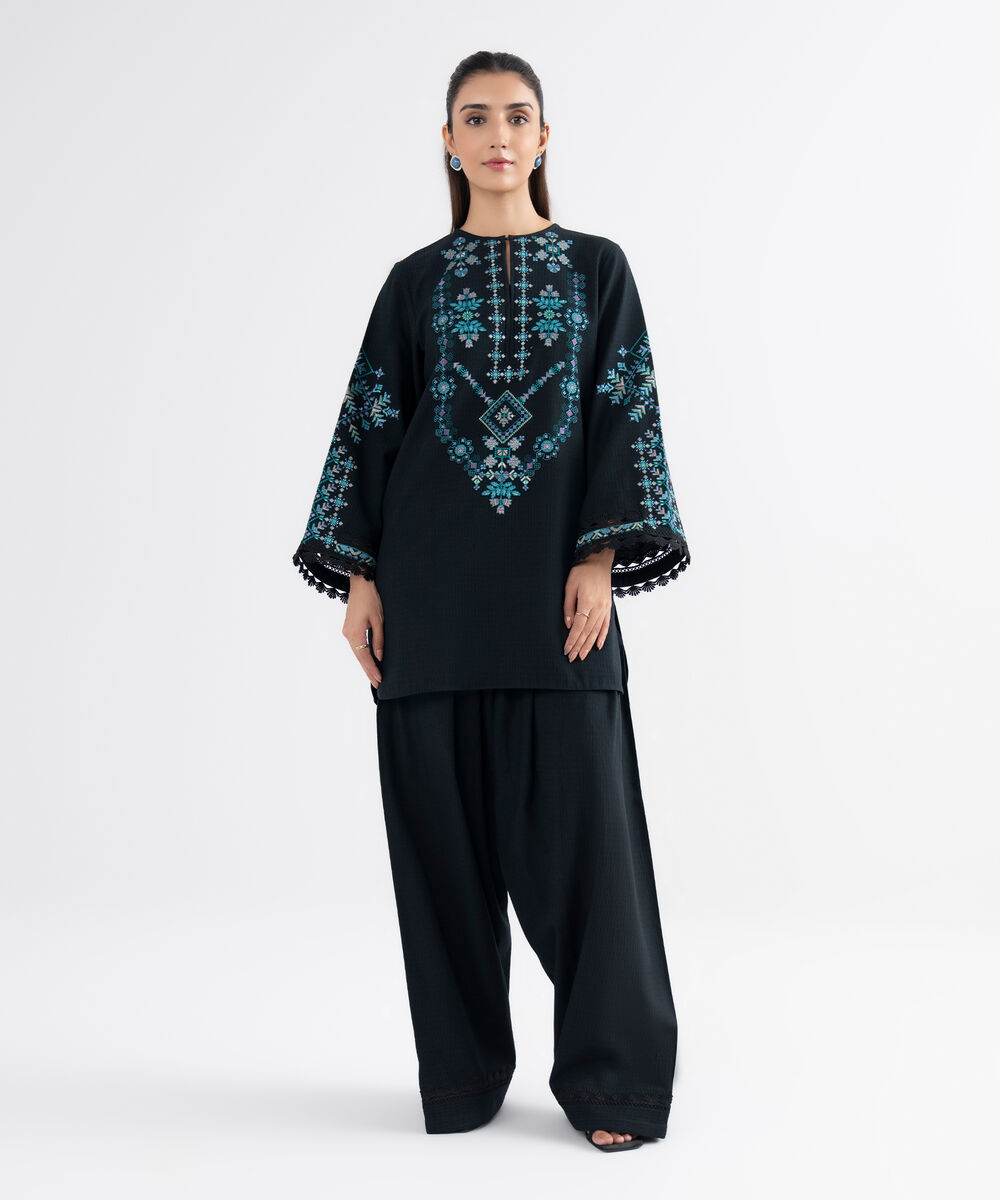 Women's Unstitched Dobby Embroidered Black 2 Piece Suit