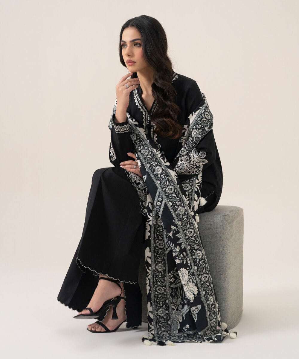 Women's Unstitched Basic Khaddar Embroidered Black 3 Piece Suit