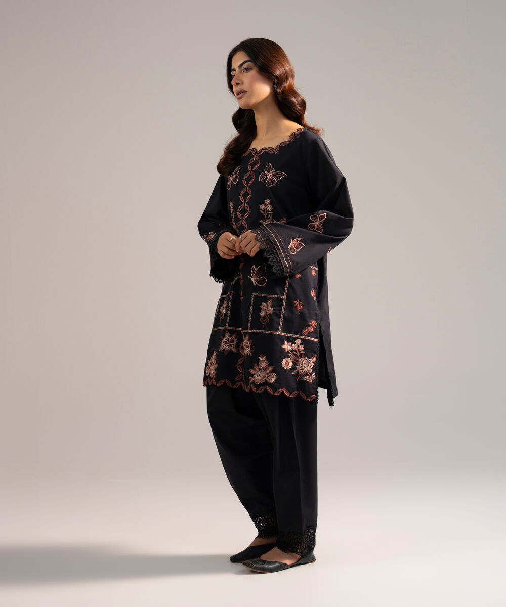 Women's RTW Cotton Viscose Embroidered Black Straight Shirt