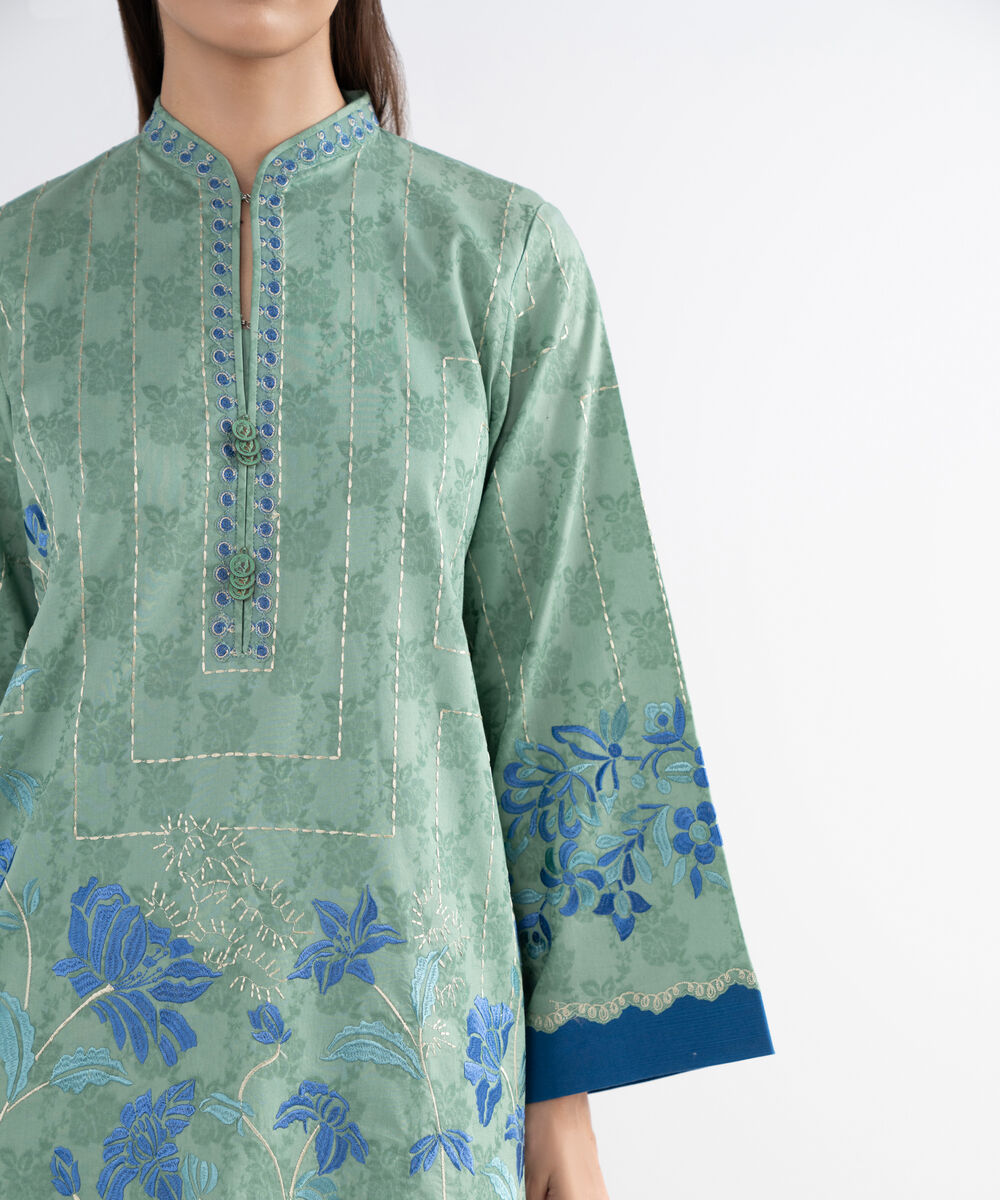 Women's Unstitched Cotton Jacquard Embroidered Green 3 Piece Suit