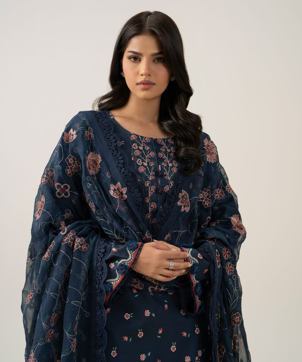 Women's Unstitched Blended Chiffon Printed Navy Blue 3 Piece Suit