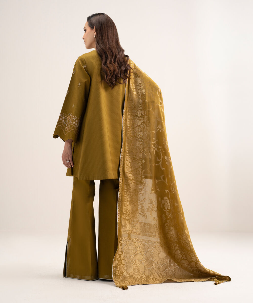 Women's Unstitched Dobby Embroidered Brown 3 Piece Suit