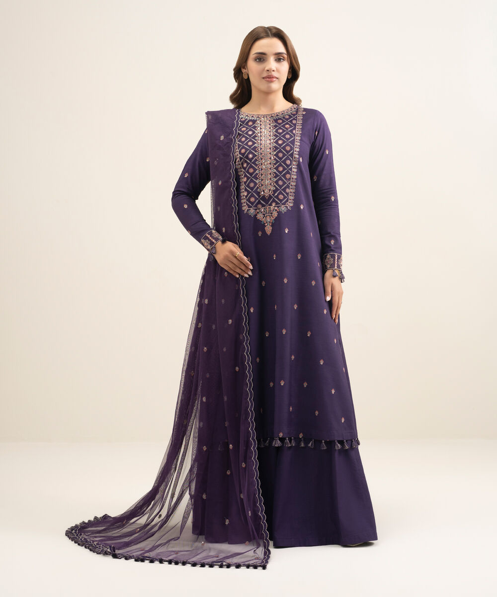 Women's Unstitched Viscose Raw Silk Embroidered Purple 3 Piece Suit