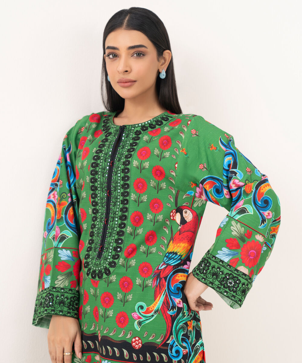 Women's RTW Light Khaddar Embroidered Green Straight Shirt