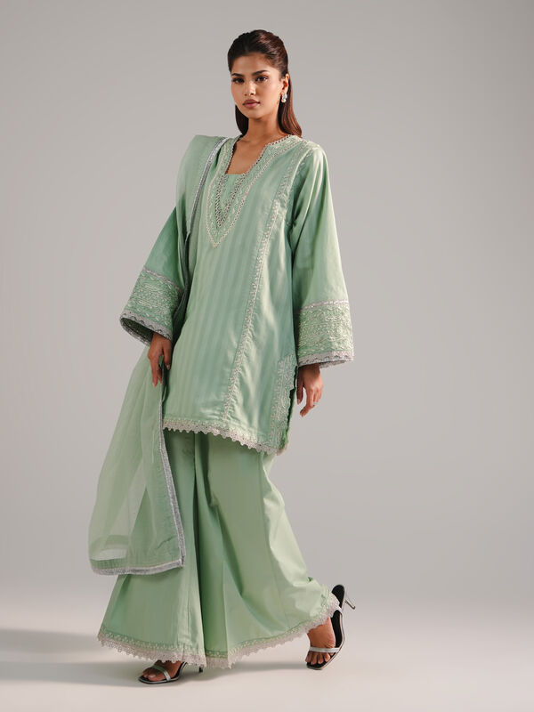 3 Piece - Embroidered Leno Kara Suit