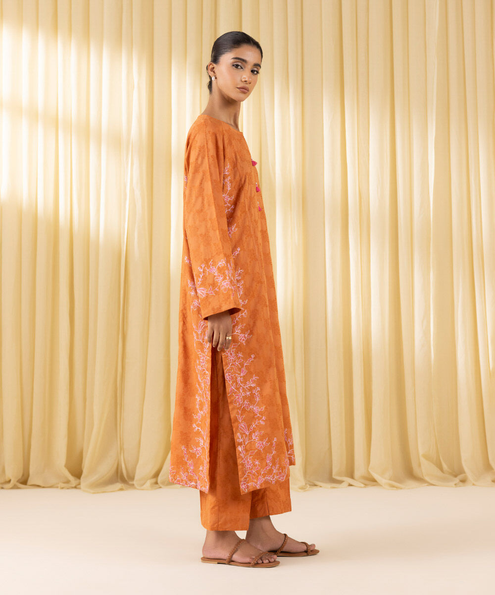 Women's Pret Yarn Dyed Orange Embroidered A-Line Shirt