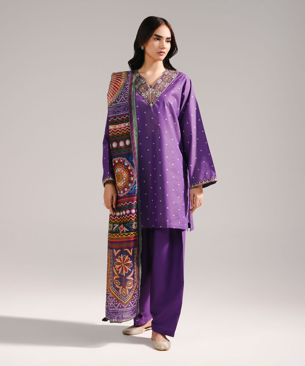 Women's RTW Zari Lawn Embroidered Purple 3 Piece Suit