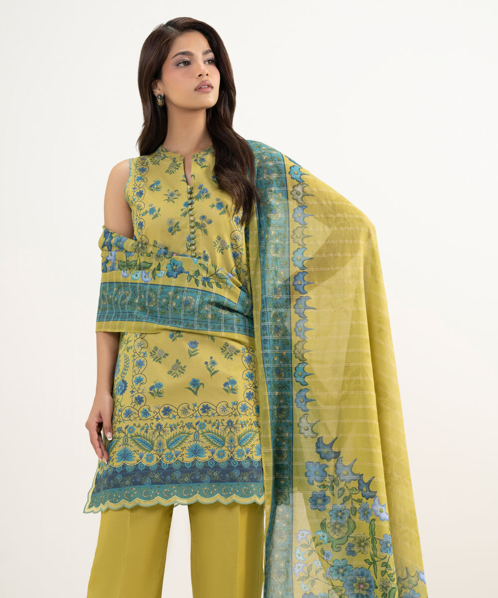 Women's Unstitched Zari Lawn Yellow Printed 3 Piece Suit