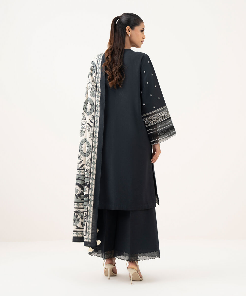 Women's Unstitched Light Khaddar Embroidered Black 3 Piece Suit