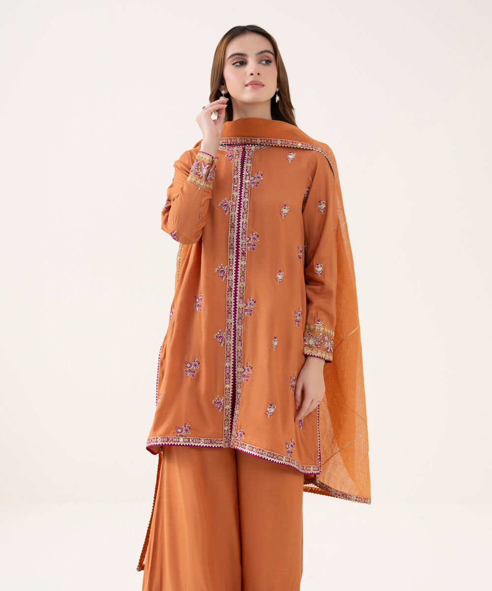 Women's RTW Viscose Raw Silk Embroidered Orange 3 Piece Suit