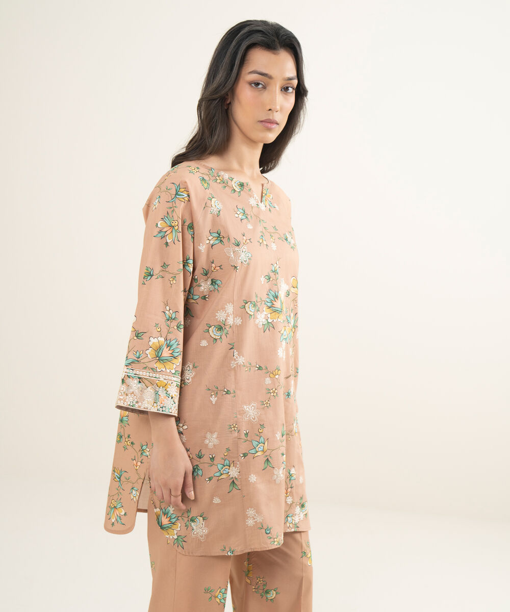 Women's RTW Crosshatch Embroidered Peach Straight Shirt