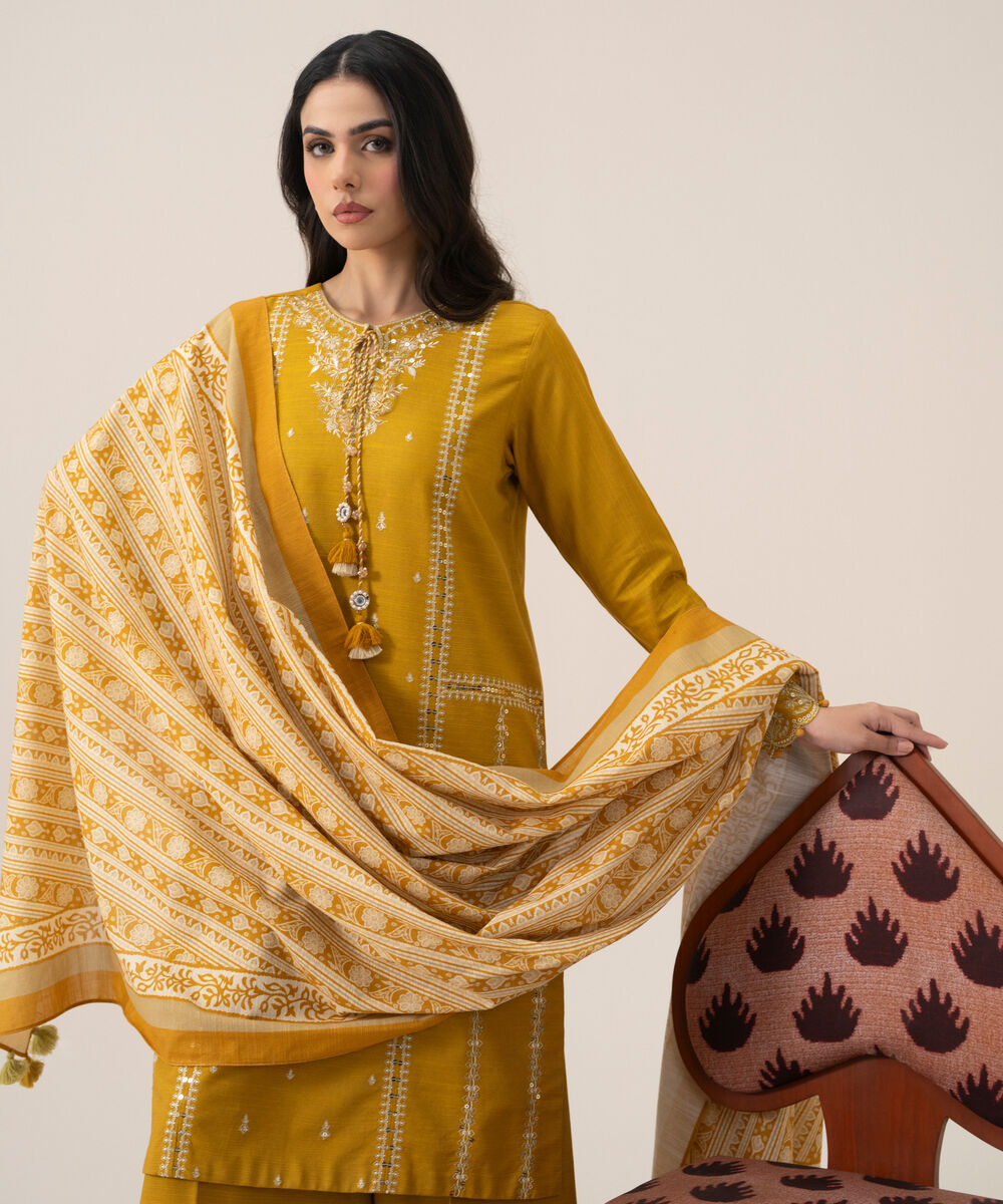 Women's Unstitched Basic Khaddar Embroidered Yellow 3 Piece Suit
