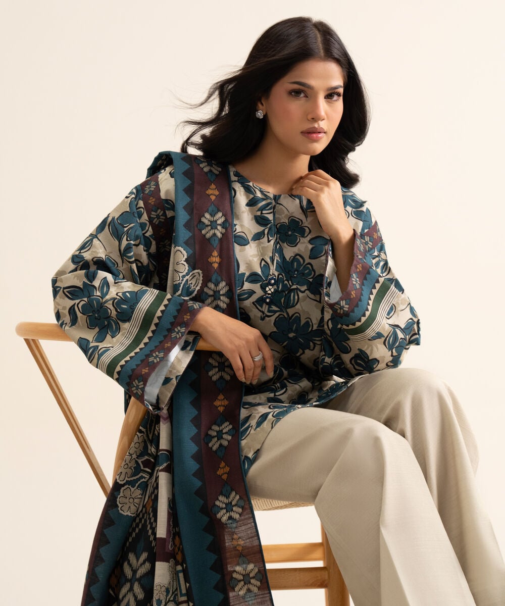 Women's Unstitched Light Khaddar Printed Blue & Off White 3 Piece Suit