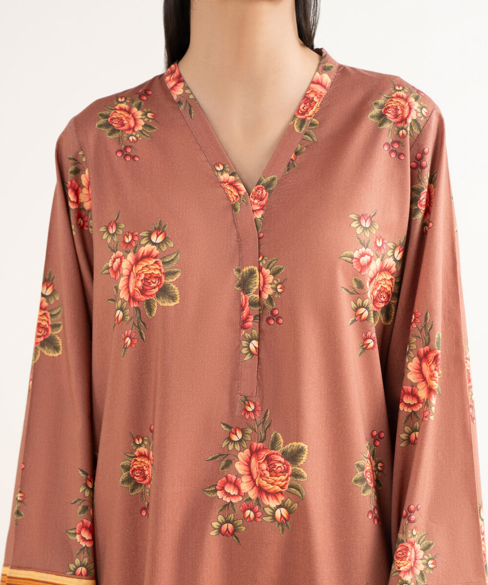 Women's RTW Cotton Viscose Printed Straight Brown Shirt