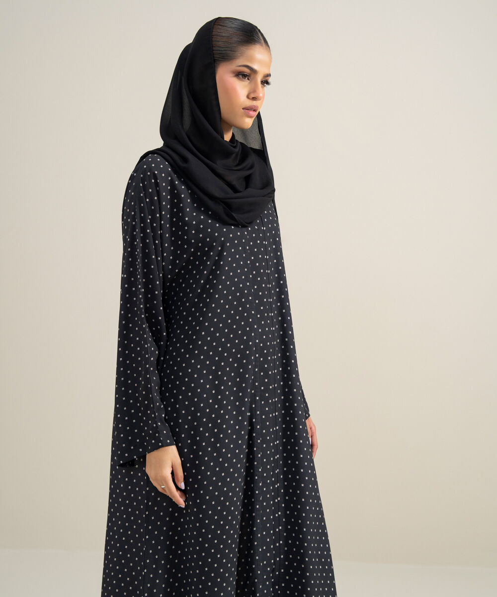 Women's Polyester Black Kimono Printed Abbaya Set