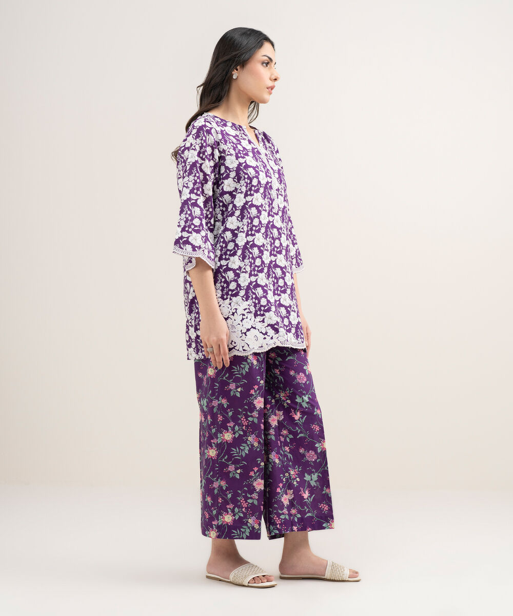 Women's RTW Dobby Embroidered Purple Straight Shirt