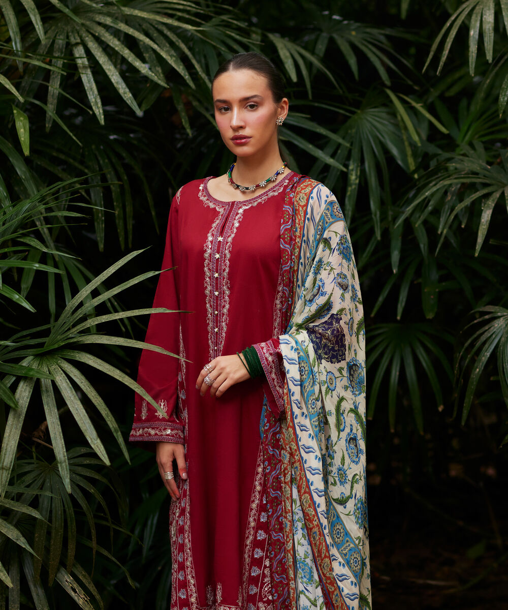 Women's RTW Dobby Embroidered Maroon 3 Piece Suit