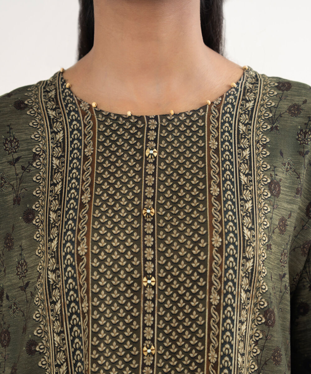 Women's RTW Viscose Linen Printed Green Drop Shoulder Shirt