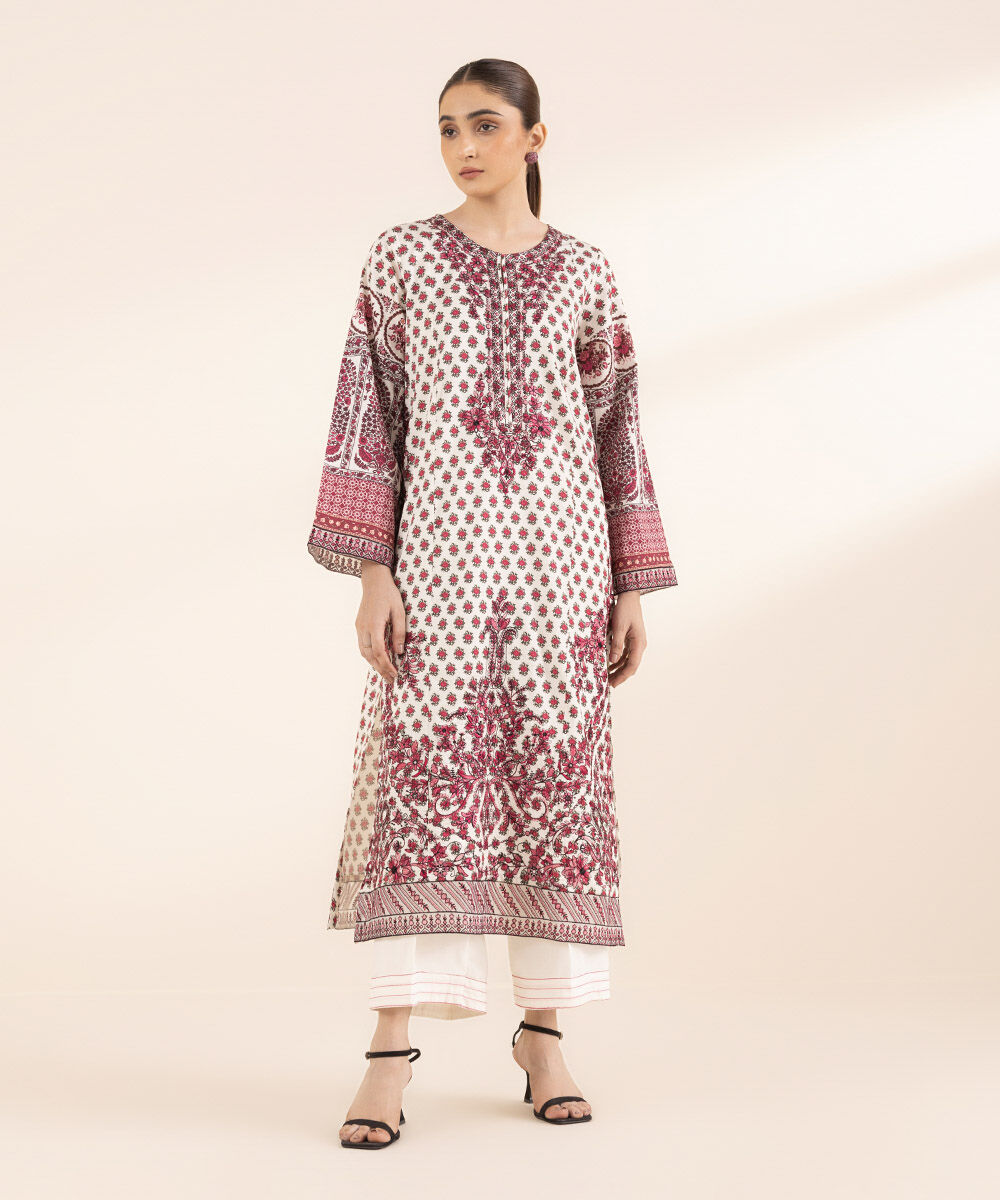 Women's RTW Cotton Satin Red Embroidered A-Line Shirt