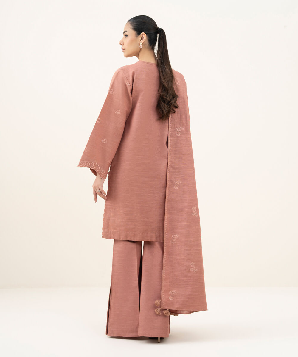 Women's Unstitched Embroidered Cotton Tea Pink 3 Piece Suit