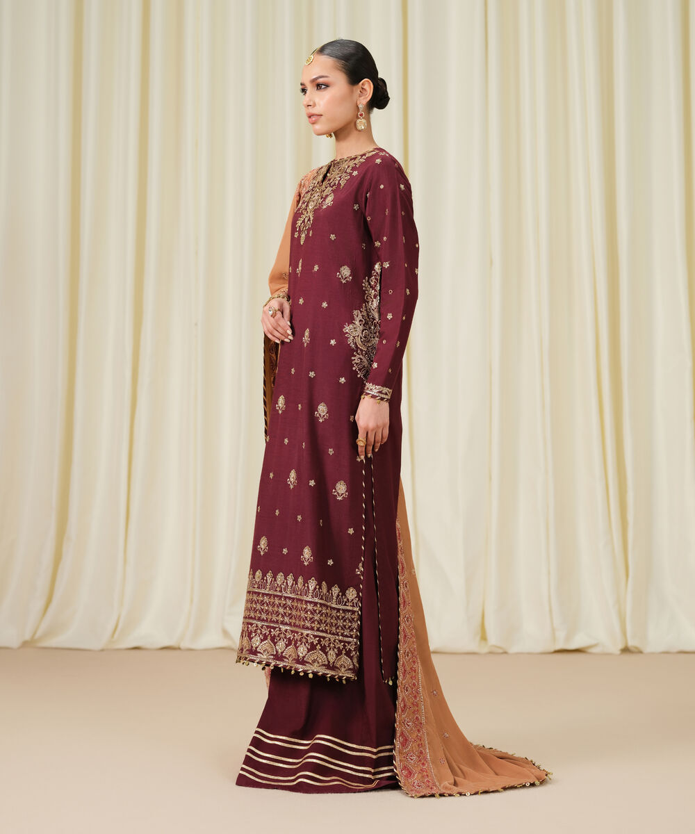 Women's Unstitched Embroidered Viscose Raw Silk Maroon 3 Piece Suit