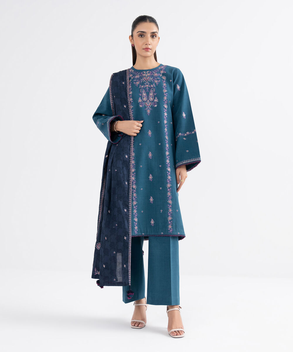 Women's Unstitched Cross Hatch Embroidered Blue 3 Piece Suit