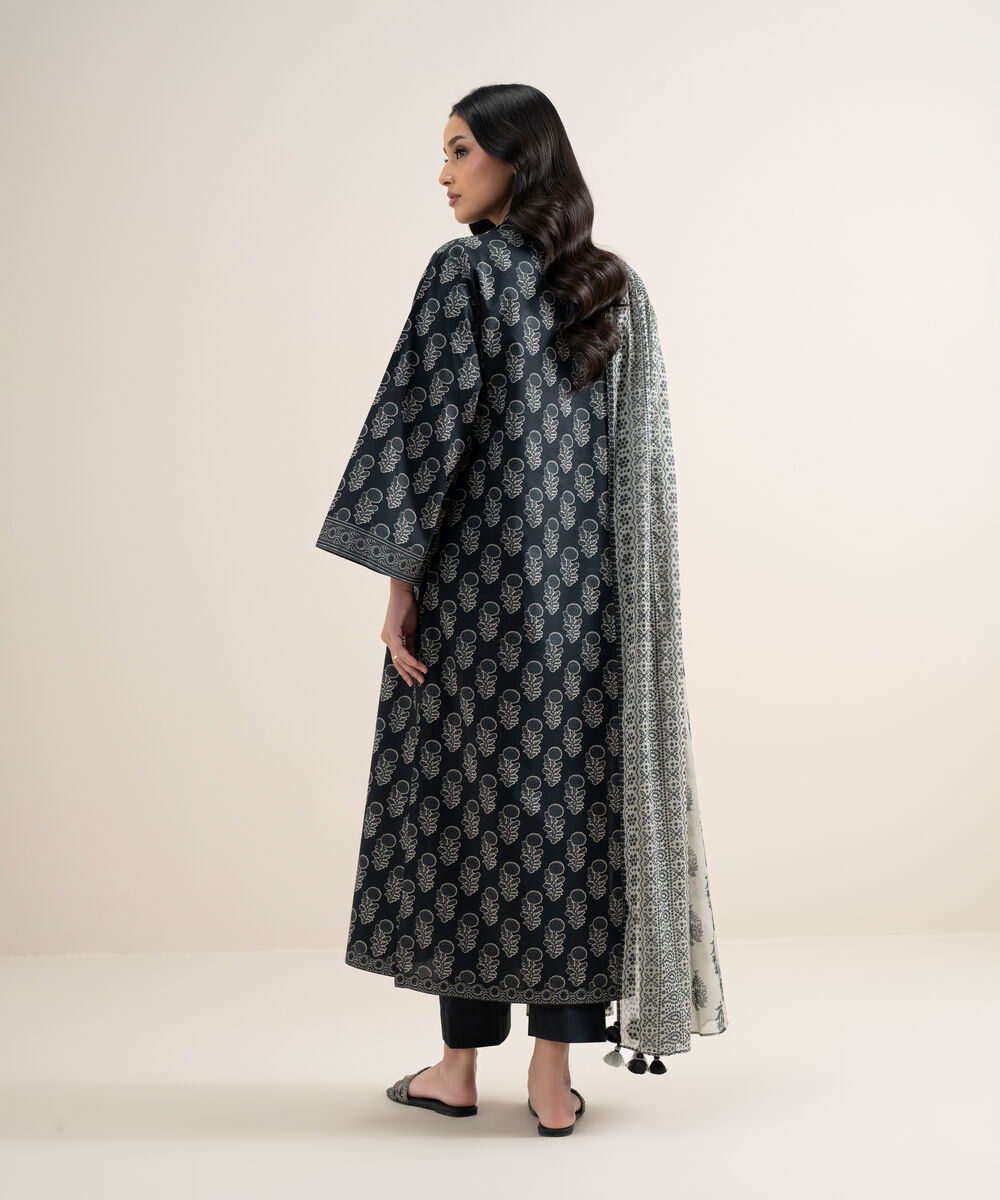 Women's Unstitched Lawn Printed Off White and Black 3 Piece Suit