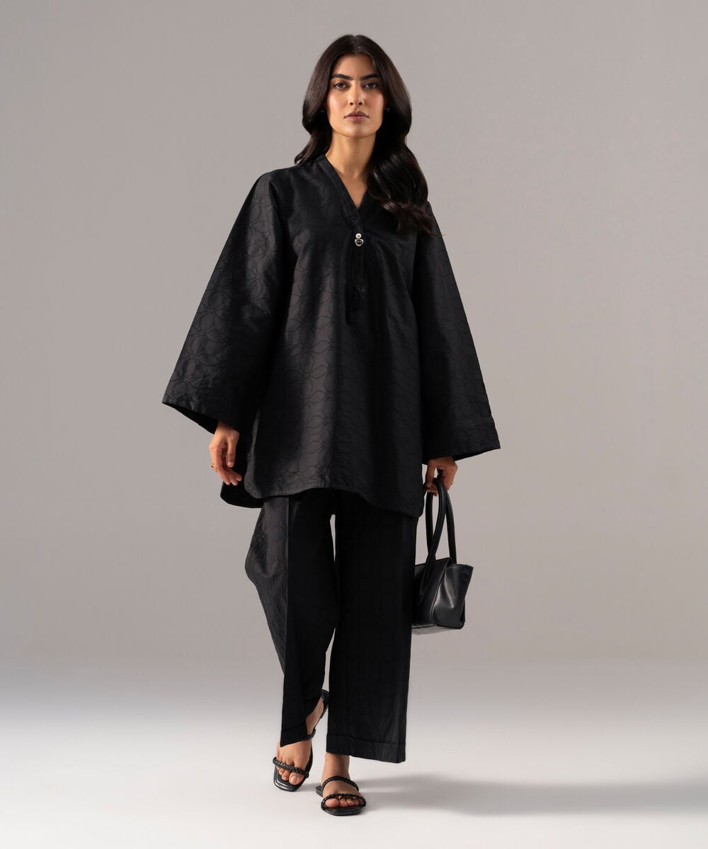 Women's RTW Textured Cotton Solid Black 2 Piece Suit