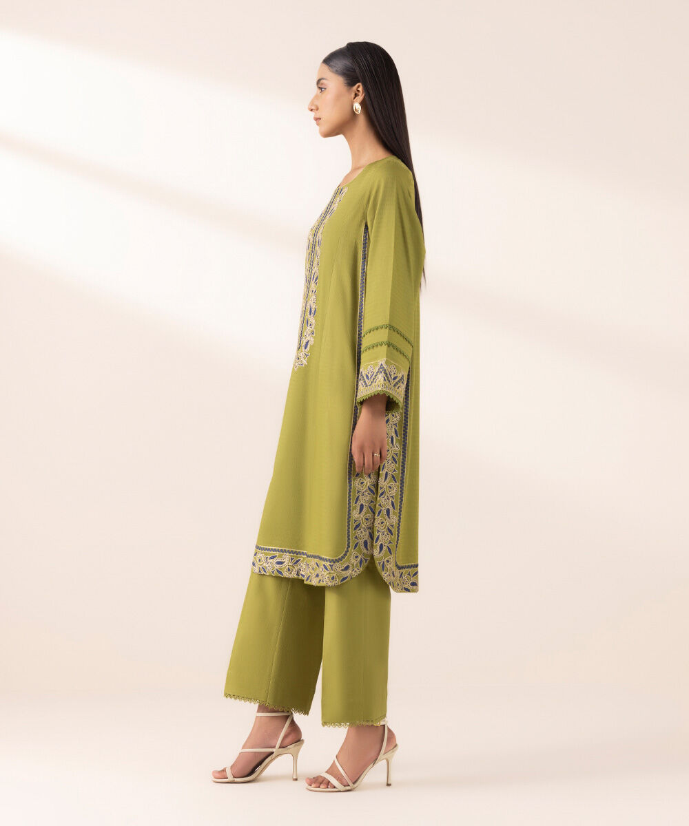 Women's Pret Dobby Green Embroidered A-Line Shirt