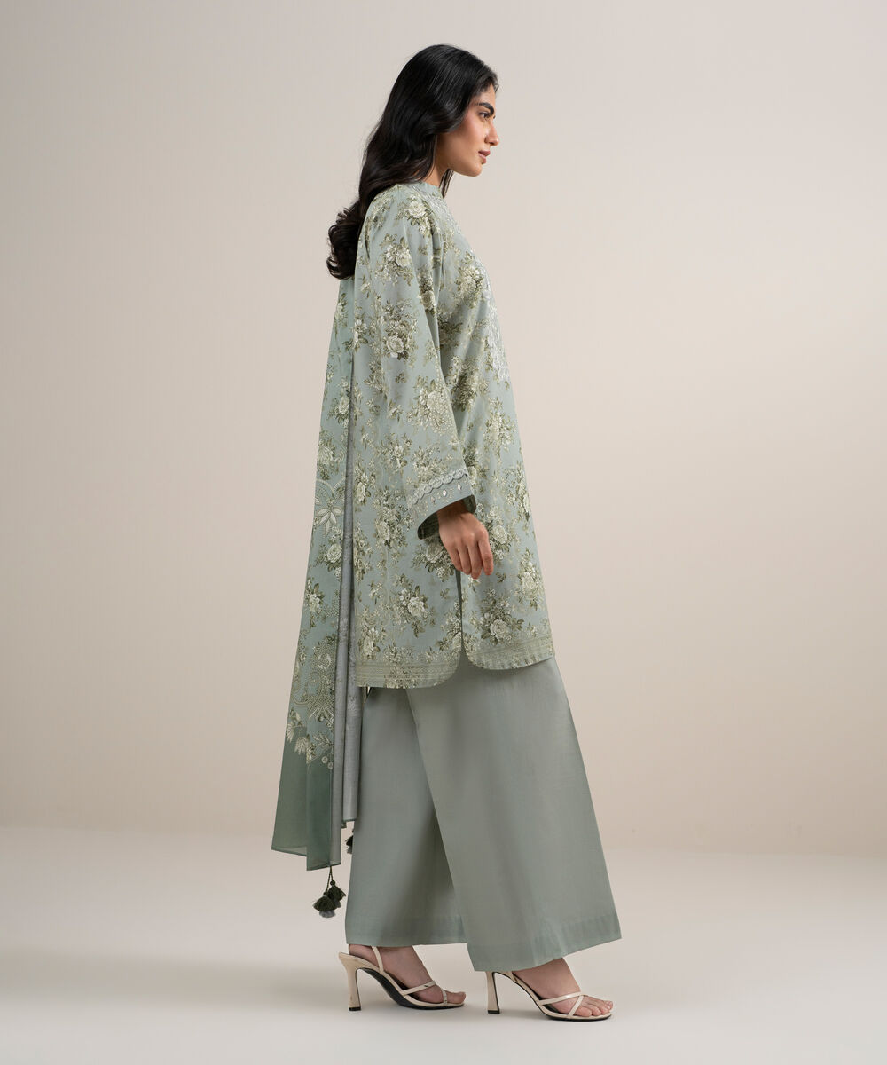 Women's Unstitched Lawn Embroidered Light Smoke Green 3 Piece Suit