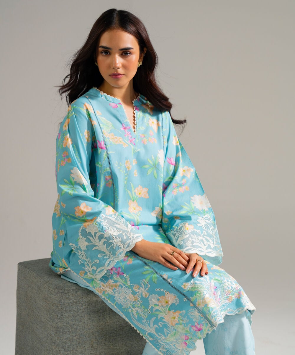 Women's RTW Lawn Embroidered Blue Straight Shirt