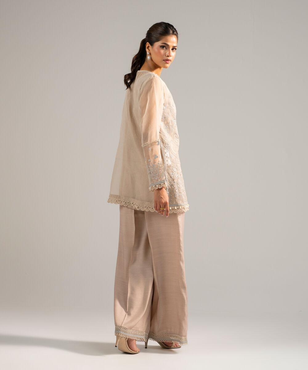 Women's RTW Organza Embroidered Beige 2 Piece Suit