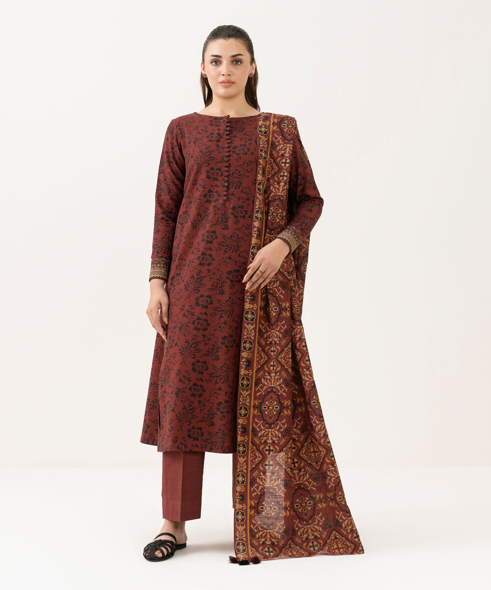 Women's Unstitched Light Khaddar Printed Red 3 Piece Suit
