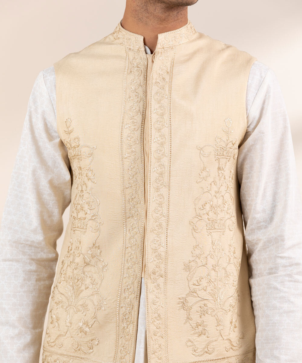 Man - Beige Embroidered Raw Silk Waistcoat